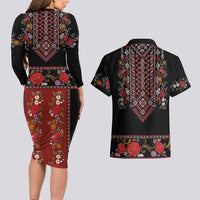 Traditional Romanian Costume - Costum Popular Couples Matching Long Sleeve Bodycon Dress and Hawaiian Shirt Traditional Romanian Motif and Folk Floral Embroidery Style