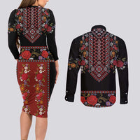 Traditional Romanian Costume - Costum Popular Couples Matching Long Sleeve Bodycon Dress and Long Sleeve Button Shirt Traditional Romanian Motif and Folk Floral Embroidery Style