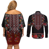 Traditional Romanian Costume - Costum Popular Couples Matching Off Shoulder Short Dress and Long Sleeve Button Shirt Traditional Romanian Motif and Folk Floral Embroidery Style