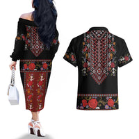 Traditional Romanian Costume - Costum Popular Couples Matching Off The Shoulder Long Sleeve Dress and Hawaiian Shirt Traditional Romanian Motif and Folk Floral Embroidery Style
