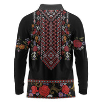 Traditional Romanian Costume - Costum Popular Long Sleeve Polo Shirt Traditional Romanian Motif and Folk Floral Embroidery Style - Wonder Print Shop
