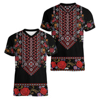 Traditional Romanian Costume - Costum Popular Women V-Neck T-Shirt Traditional Romanian Motif and Folk Floral Embroidery Style - Wonder Print Shop