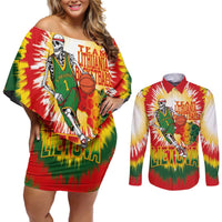 Custom Lithuania Basketball Couples Matching Off Shoulder Short Dress and Long Sleeve Button Shirt Champions Skeleton of The Baltic Tie Dye Style - Wonder Print Shop