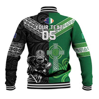 New Zealand And Ireland Rugby Custom Baseball Jacket Maori Tiki With Shamrock