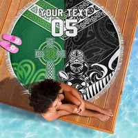 New Zealand And Ireland Rugby Custom Beach Blanket Maori Tiki With Shamrock