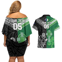 New Zealand And Ireland Rugby Custom Couples Matching Off Shoulder Short Dress and Hawaiian Shirt Maori Tiki With Shamrock