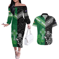 New Zealand And Ireland Rugby Custom Couples Matching Off The Shoulder Long Sleeve Dress and Hawaiian Shirt Maori Tiki With Shamrock