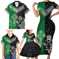 New Zealand And Ireland Rugby Custom Family Matching Short Sleeve Bodycon Dress and Hawaiian Shirt Maori Tiki With Shamrock