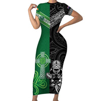New Zealand And Ireland Rugby Custom Family Matching Short Sleeve Bodycon Dress and Hawaiian Shirt Maori Tiki With Shamrock