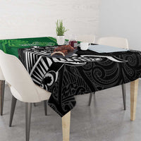New Zealand And Ireland Rugby Custom Tablecloth Maori Tiki With Shamrock