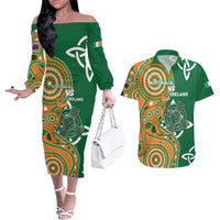 Australia And Ireland Rugby Custom Couples Matching Off The Shoulder Long Sleeve Dress and Hawaiian Shirt Walllabies And Shamrock Together