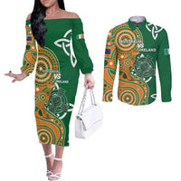Australia And Ireland Rugby Custom Couples Matching Off The Shoulder Long Sleeve Dress and Long Sleeve Button Shirt Walllabies And Shamrock Together