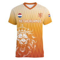 Custom Netherlands 2024 Football Women V-Neck T-Shirt Go Champions Oranje Lions LT05 - Wonder Print Shop