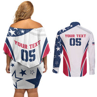 Custom USA Rugby 2024 Couples Matching Off Shoulder Short Dress and Long Sleeve Button Shirt Eagles Reigns Supreme White Version LT05 - Wonder Print Shop