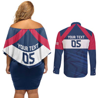 Custom USA Rugby 2024 Couples Matching Off Shoulder Short Dress and Long Sleeve Button Shirt Eagles Reigns Supreme Blue Version LT05 - Wonder Print Shop