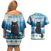 Merry Christmas Yule Cat Couples Matching Off Shoulder Short Dress and Hawaiian Shirt Icelandic Folklore Jolakotturinn LT05 - Wonder Print Shop
