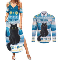 Merry Christmas Yule Cat Couples Matching Summer Maxi Dress and Long Sleeve Button Shirt Icelandic Folklore Jolakotturinn LT05 - Wonder Print Shop