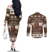 Funny Christmas Belsnickel Couples Matching Off The Shoulder Long Sleeve Dress and Long Sleeve Button Shirt Impish Or Admirable