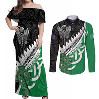 New Zealand And Ireland Rugby Custom Couples Matching Off Shoulder Maxi Dress and Long Sleeve Button Shirt Silver Fern With Celtic Cross