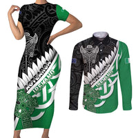 New Zealand And Ireland Rugby Custom Couples Matching Short Sleeve Bodycon Dress and Long Sleeve Button Shirt Silver Fern With Celtic Cross