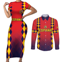Custom Spain 2024 Football Couples Matching Short Sleeve Bodycon Dress and Long Sleeve Button Shirt Go Champions La Roja Simple Style LT05 - Wonder Print Shop