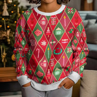 Red Argyle Christmas Pattern Kid Ugly Christmas Sweater - Wonder Print Shop