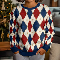 Blue And Red Christmas Argyle Pattern Kid Ugly Christmas Sweater - Wonder Print Shop