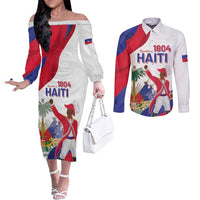 Personalised Haiti 221st Anniversary Independence Day Couples Matching Off The Shoulder Long Sleeve Dress and Long Sleeve Button Shirt