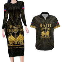 Haiti 1804 Couples Matching Long Sleeve Bodycon Dress and Hawaiian Shirt Polynesian Gold Neg Maron LT05 - Wonder Print Shop
