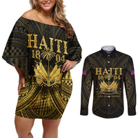Haiti 1804 Couples Matching Off Shoulder Short Dress and Long Sleeve Button Shirt Polynesian Gold Neg Maron LT05 - Wonder Print Shop