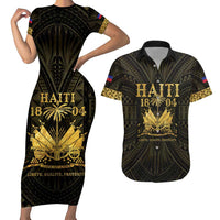 Haiti 1804 Couples Matching Short Sleeve Bodycon Dress and Hawaiian Shirt Polynesian Gold Neg Maron LT05 - Wonder Print Shop
