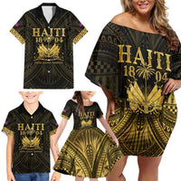Haiti 1804 Family Matching Off Shoulder Short Dress and Hawaiian Shirt Polynesian Gold Neg Maron LT05 - Wonder Print Shop