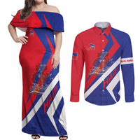 Personalised Haiti 1804 Couples Matching Off Shoulder Maxi Dress and Long Sleeve Button Shirt Coat Of Arms Simple Style LT05 - Wonder Print Shop