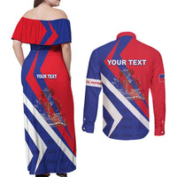 Personalised Haiti 1804 Couples Matching Off Shoulder Maxi Dress and Long Sleeve Button Shirt Coat Of Arms Simple Style LT05 - Wonder Print Shop