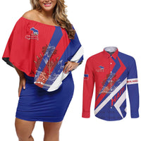 Personalised Haiti 1804 Couples Matching Off Shoulder Short Dress and Long Sleeve Button Shirt Coat Of Arms Simple Style LT05 - Wonder Print Shop