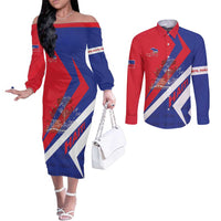 Personalised Haiti 1804 Couples Matching Off The Shoulder Long Sleeve Dress and Long Sleeve Button Shirt Coat Of Arms Simple Style