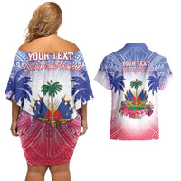 Personalised Haiti Independence Day Couples Matching Off Shoulder Short Dress and Hawaiian Shirt Neg Maron Polynesian Style LT05 - Wonder Print Shop