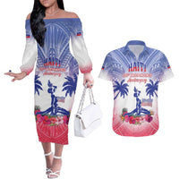 Personalised Haiti Independence Day Couples Matching Off The Shoulder Long Sleeve Dress and Hawaiian Shirt Neg Maron Polynesian Style LT05 - Wonder Print Shop