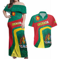 Personalised Grenada Couples Matching Off Shoulder Maxi Dress and Hawaiian Shirt Coat Of Arms Unique Style