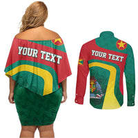 Personalised Grenada Couples Matching Off Shoulder Short Dress and Long Sleeve Button Shirt Coat Of Arms Unique Style