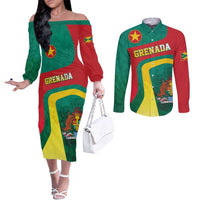 Personalised Grenada Couples Matching Off The Shoulder Long Sleeve Dress and Long Sleeve Button Shirt Coat Of Arms Unique Style