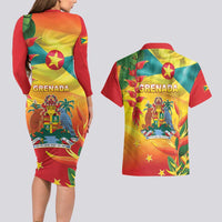 Grenada Couples Matching Long Sleeve Bodycon Dress and Hawaiian Shirt Gwenad Flag With Heliconia Lobster Claws
