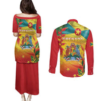 Grenada Couples Matching Puletasi and Long Sleeve Button Shirt Gwenad Flag With Heliconia Lobster Claws