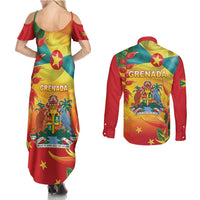 Grenada Couples Matching Summer Maxi Dress and Long Sleeve Button Shirt Gwenad Flag With Heliconia Lobster Claws