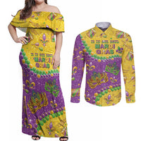 Mardi Gras Is In Our Soul Couples Matching Off Shoulder Maxi Dress and Long Sleeve Button Shirt Glitter Style