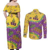 Mardi Gras Is In Our Soul Couples Matching Off Shoulder Maxi Dress and Long Sleeve Button Shirt Glitter Style