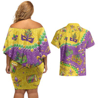 Mardi Gras Is In Our Soul Couples Matching Off Shoulder Short Dress and Hawaiian Shirt Glitter Style
