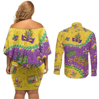 Mardi Gras Is In Our Soul Couples Matching Off Shoulder Short Dress and Long Sleeve Button Shirt Glitter Style