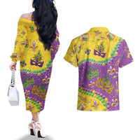 Mardi Gras Is In Our Soul Couples Matching Off The Shoulder Long Sleeve Dress and Hawaiian Shirt Glitter Style