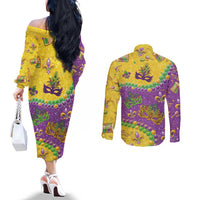 Mardi Gras Is In Our Soul Couples Matching Off The Shoulder Long Sleeve Dress and Long Sleeve Button Shirt Glitter Style